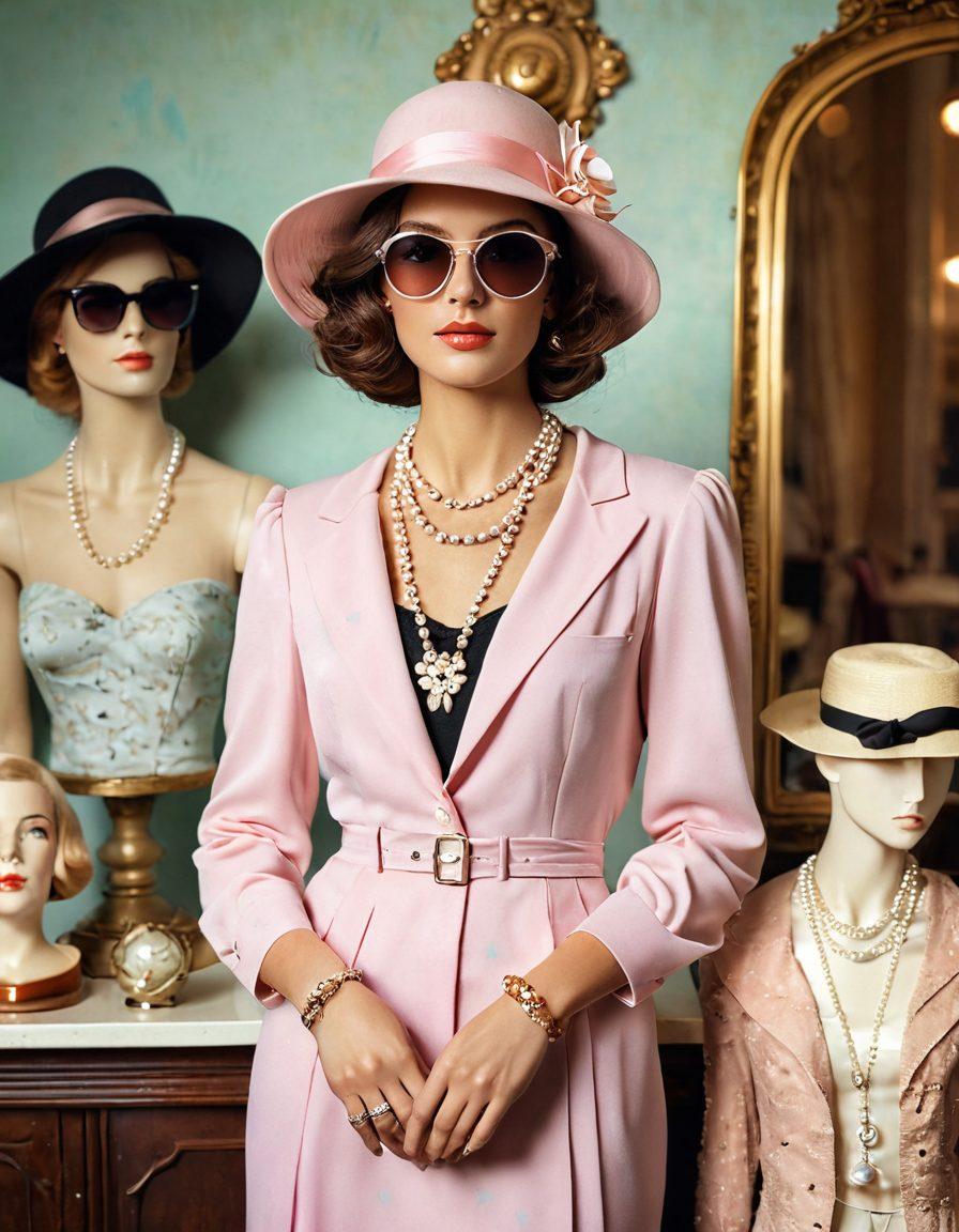 A stylish vintage women's outfit displayed on a mannequin, surrounded by classic fashion accessories like pearl necklaces, retro sunglasses, and an elegant hat. The background features a quaint boutique with pastel-colored walls, antique mirrors, and vintage fashion illustrations. Soft, warm lighting accentuates the fabric textures and colors. Inviting, nostalgic ambiance capturing the essence of timeless feminine style. vibrant colors. vintage aesthetic. soft focus.