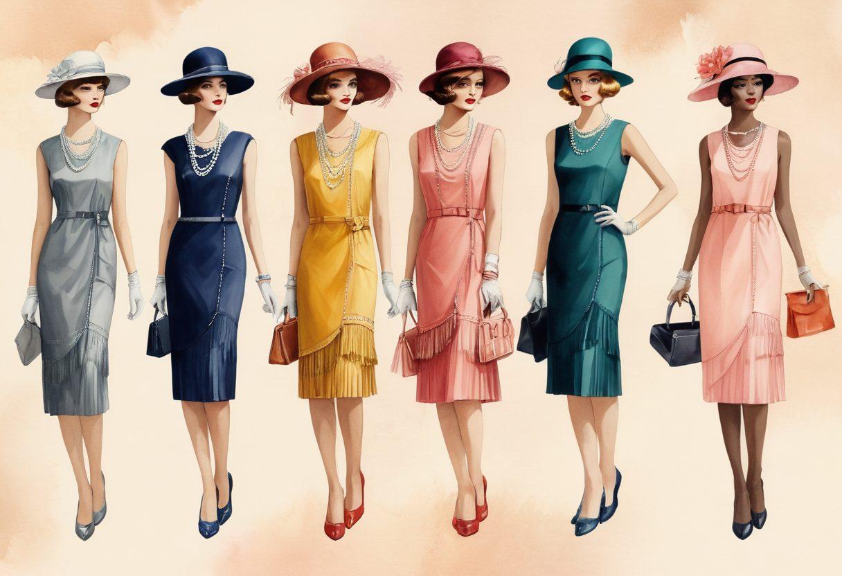 A captivating collage showcasing women's fashion evolution, featuring a timeline that begins with vintage styles from the 1920s adorned with flapper dresses, transitioning to sophisticated 1960s silhouettes, and finally blossoming into contemporary chic looks. Incorporate elegant accessories like pearls and wide-brimmed hats along with modern minimalist designs. The background should reflect a blend of pastels and bold colors, symbolizing the journey through time. watercolor illustration. vibrant colors. elegant composition.