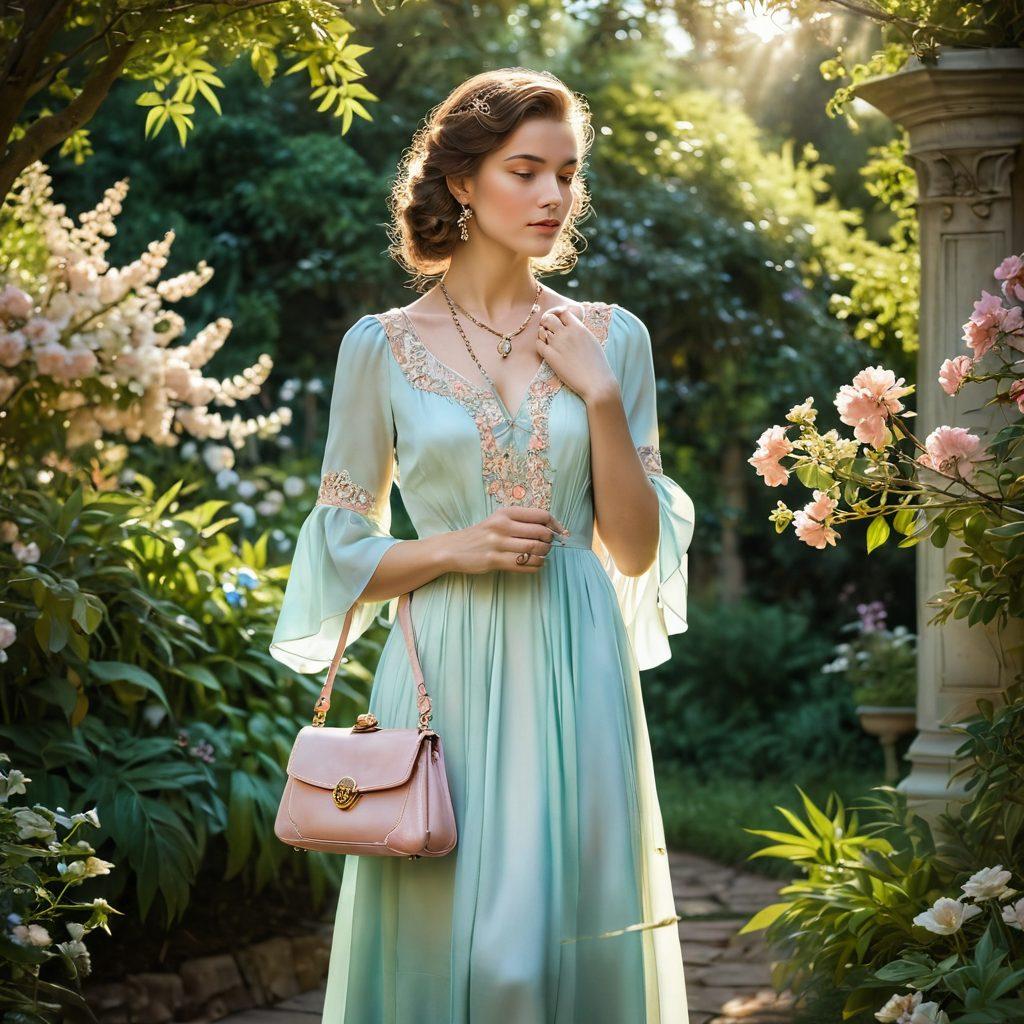 A graceful woman in a flowing vintage dress, standing elegantly in a lush garden, surrounded by blooming flowers and soft sunlight filtering through the leaves. She holds a classic handbag and wears delicate jewelry that enhances her poise. The background features a stylish antique mirror reflecting her beauty, symbolizing timeless fashion. soft pastel colors. ethereal lighting. super-realistic.